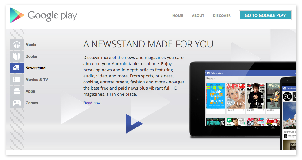 Magazines available via Google Play Store Newsstand